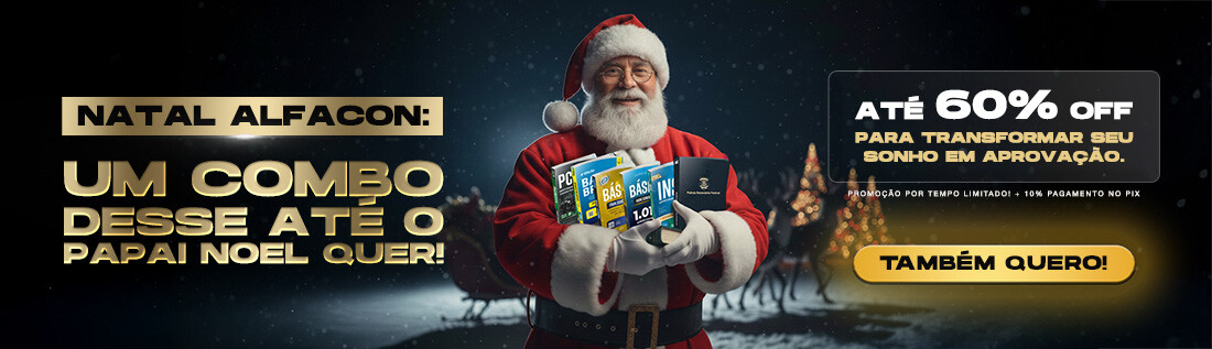 <h1><b>🎅🏽 NATAL ALFACON: Um combo desse até o Papai Noel quer! 🎅🏽</b></h1><div><br><div>➡️ Descontos de até 60%:</div><div>- SOU+ (vitalício + 18m com box): 60% de desconto</div><div>- Combos: 50% de desconto</div><div>- Regulares: 40% de desconto</div><div>- Materiais didáticos: 20% de desconto</div></div><div><br></div>