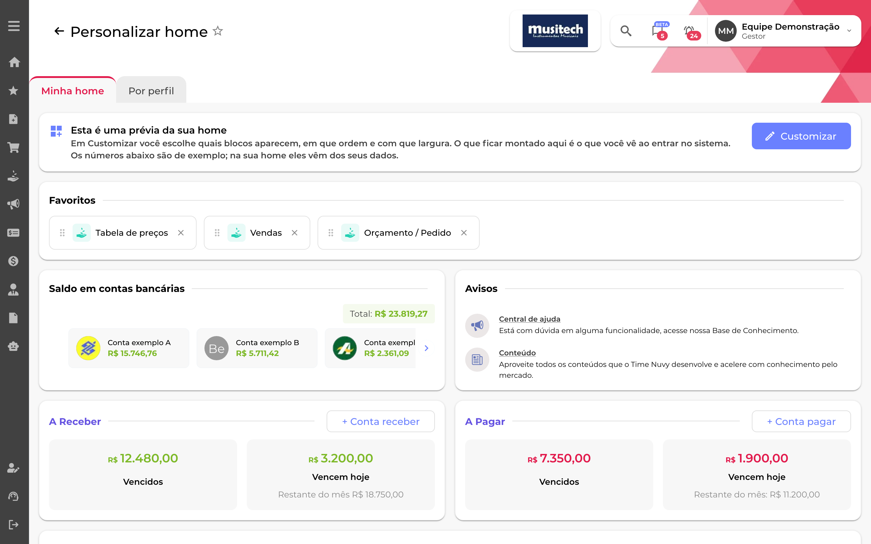 Configurações > Personalizar home, aba Minha home: prévia dos blocos do painel, o botão Customizar e a aba Por perfil