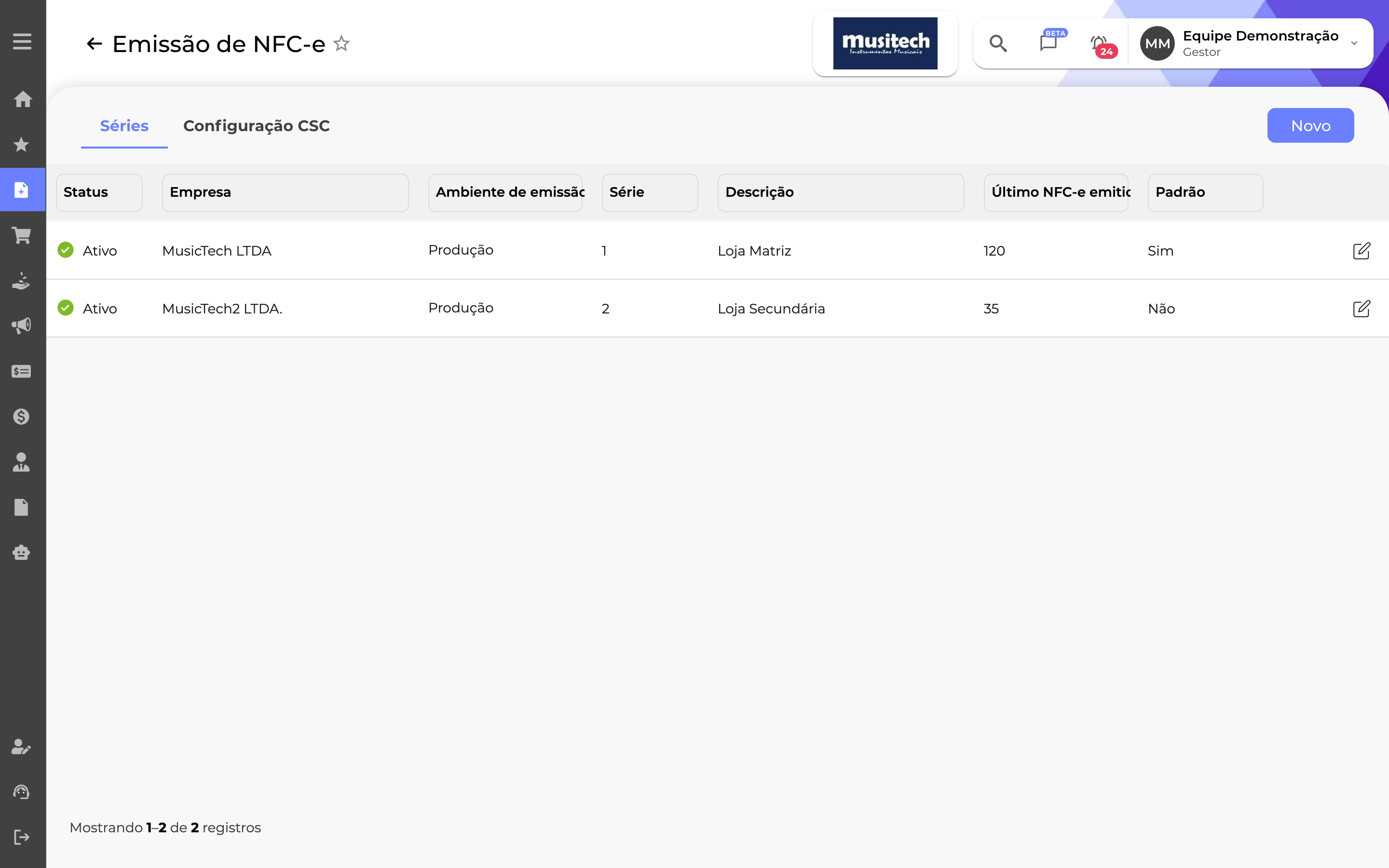 Cadastros > Emissão de NFC-e, aba Séries: as séries do cupom fiscal cadastradas por empresa, com ambiente de emissão, número da série e a última NFC-e emitida