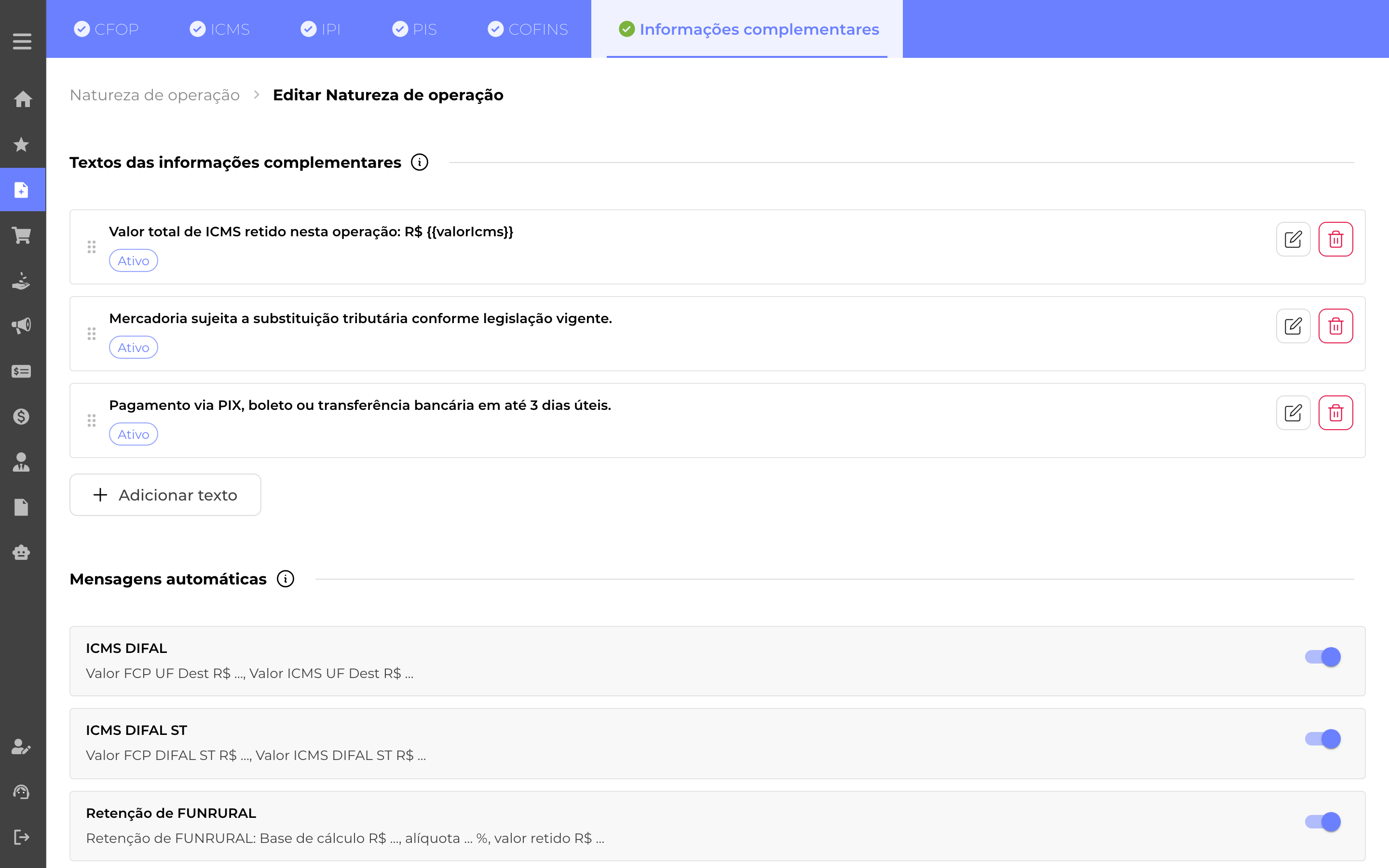 Cadastros > Natureza de operação: a etapa Informações complementares