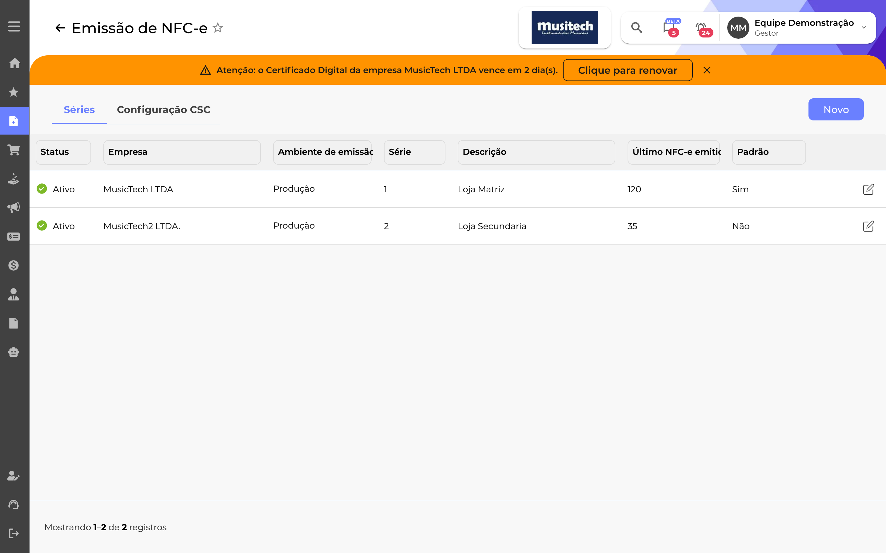 Aviso de certificado digital prestes a vencer, exibido no topo de qualquer tela do sistema, com o atalho para renovar