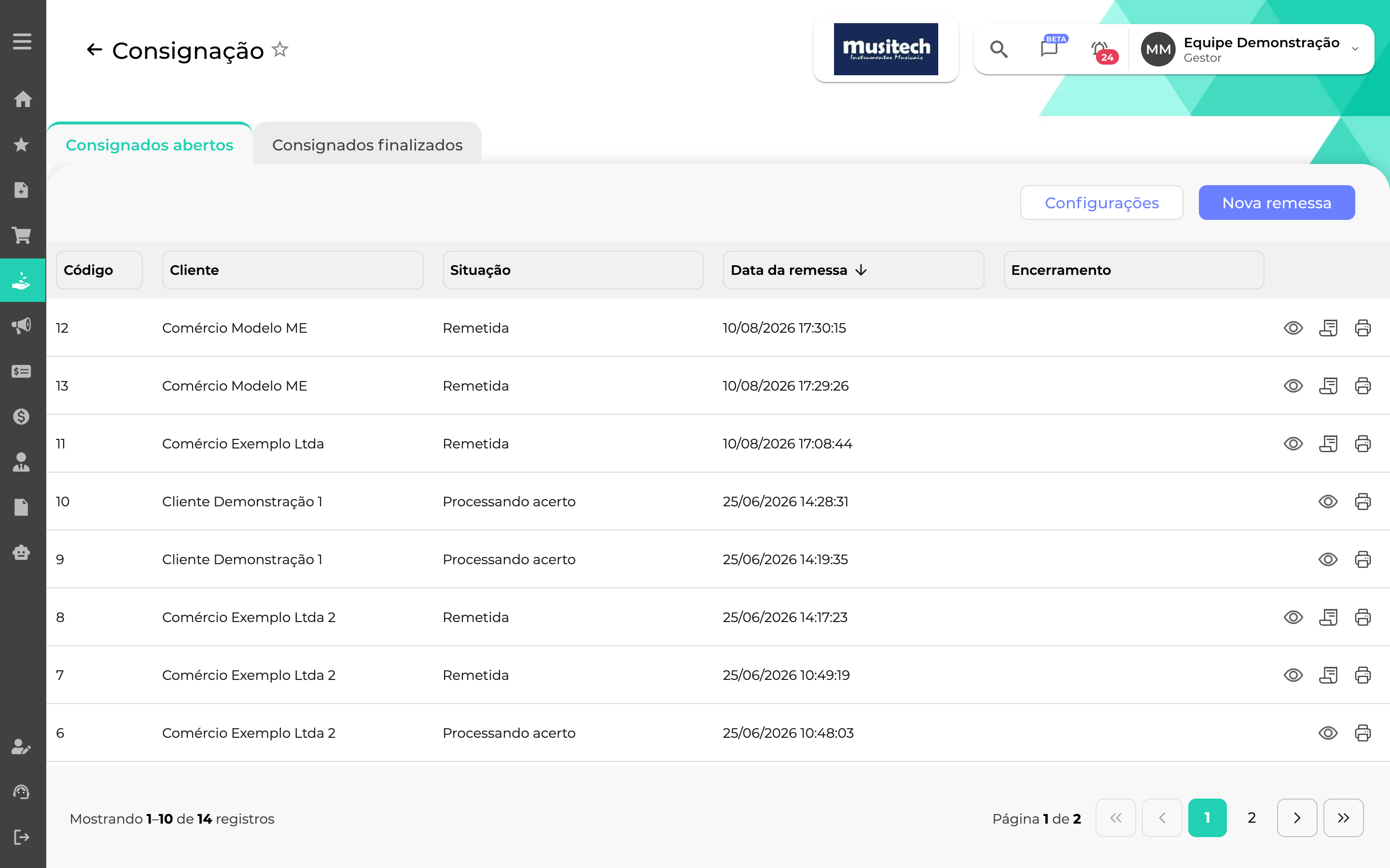 Vendas > Consignação, aba Consignados abertos: cada remessa com código, cliente, data e a situação em que está, como Remetida ou Processando acerto