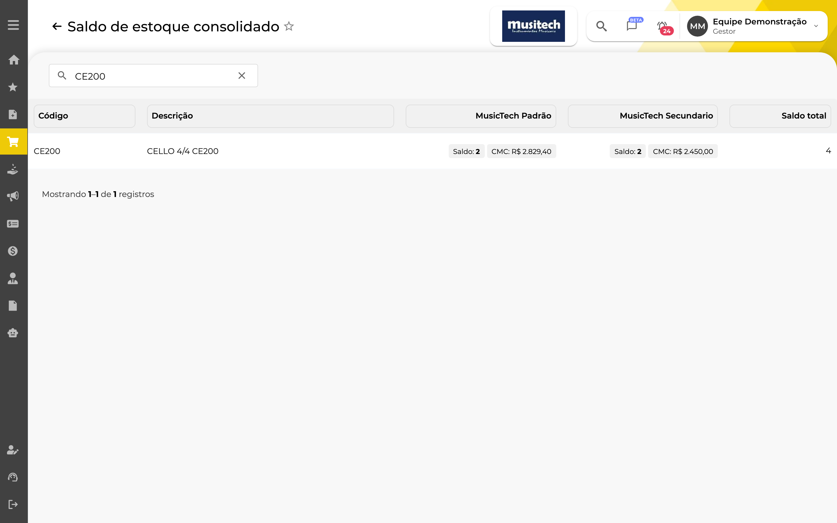 Compras e Estoque > Saldo de estoque consolidado, com o mesmo produto exibindo custo médio diferente em cada empresa do grupo