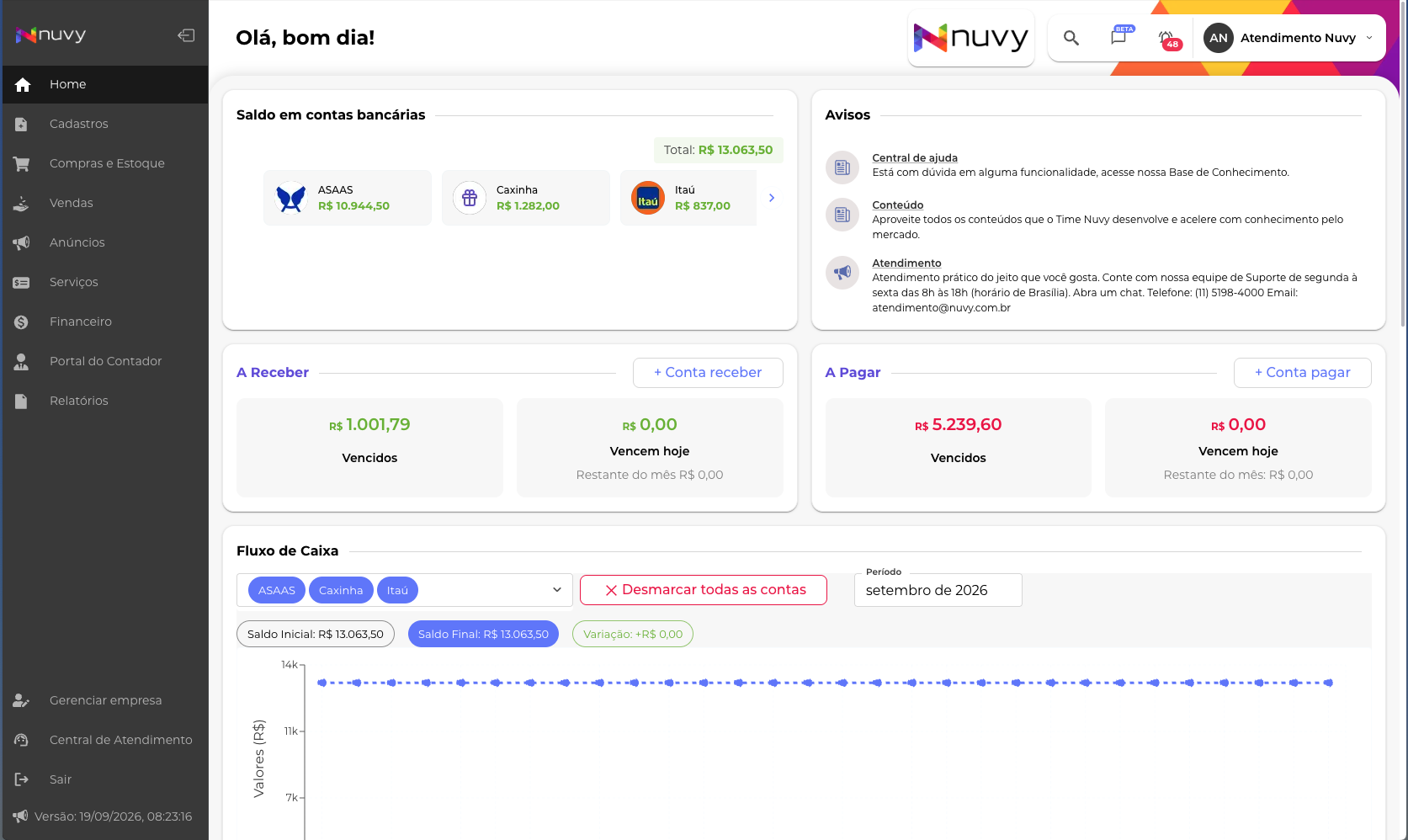 Como o menu é por padrão: na lateral, no tema escuro, com todos os módulos na ordem original.