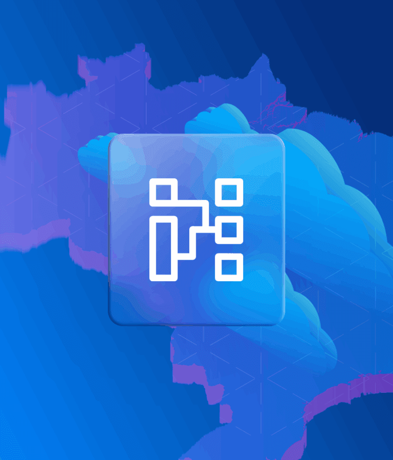 Ícone de rede flutuando sobre um mapa do Brasil estilizado.