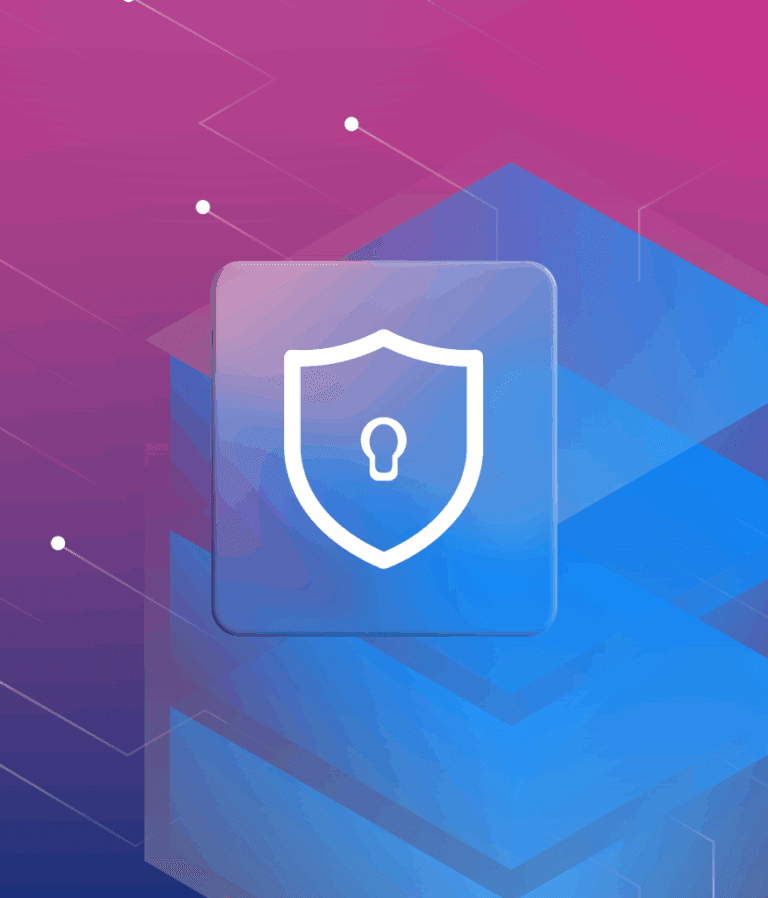 Ícone de escudo de segurança sobre fundo tecnológico azul e roxo com formas geométricas.